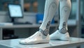 The process of creating a bionic prosthetic leg in the laboratory. The prosthesis has a complex structure that mimics a human leg.