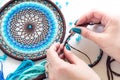 Process of creating a dream catcher. Dreamcatcer handmade. Art Creativity Hobby Workshop Handicraft Decoration Concept