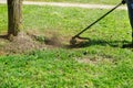 The process of cutting the lawn with cordless grass trimmer edger Royalty Free Stock Photo