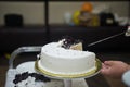 The process of dividing the cake into pieces 1622. Royalty Free Stock Photo