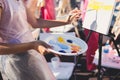 Process of drawing, group class of talented students with painting easels and canvases during lesson of watercolour painting Royalty Free Stock Photo