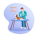 Flat style illustration of cartoon doctor vaccinates dog