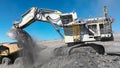 Process of extracting and loading minerals with giant excavators into mining dump trucks Royalty Free Stock Photo