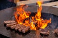 Process of grilling fresh pork sausages and cutlets on brazier with hot flame Royalty Free Stock Photo