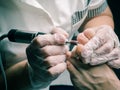 The process of hardware pedicure. Close up. Royalty Free Stock Photo