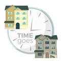 Process of house demolition symbolic illustration with clocks Royalty Free Stock Photo