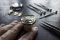 Process of installing a part on a mechanical watch, watch repair Royalty Free Stock Photo