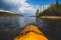 A process of kayaking in the lake skerries, with canoe kayak boat, process of canoeing, aerial shot from drone