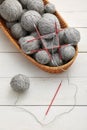 The process of knitting in the circle on double-sided knitting needles, balls of yarn in basket