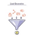 Process of leads production in sales funnel. Online marketing hand drawn illustration. Lead generation vector concept. Royalty Free Stock Photo