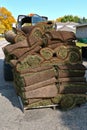A pallet with a leaning stack of sod rolls Royalty Free Stock Photo