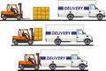 The process of loading with forklift, truck, van and boxes on white background in flat style. Vector Royalty Free Stock Photo