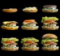 Process making of burger, step by step isolated on black background. Burger wide banner. Split burger. Burger divided in parts