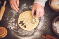 Process of making christmas cookies. Mature woman, granny hands making dough