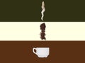 Process of making of coffee in the schematic style. Coffee beans, ground coffee and stream of milk into a cup on a striped backgro Royalty Free Stock Photo