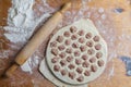 Process of making dumplings by hand. Rolling pin flour dough with meat on the board. Royalty Free Stock Photo