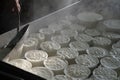 Process of making fresh white soft ricotta whey cheese on small cheese farm in Parma, Italy Royalty Free Stock Photo