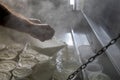 Process of making fresh white soft ricotta whey cheese on small cheese farm in Parma, Italy Royalty Free Stock Photo