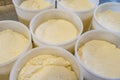 The Process of Making Fresh White Soft Whey Ricotta Cheese. Selected focus Royalty Free Stock Photo