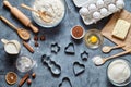 The process of making gingerbread. Baking ingredients for homemade pastry. Top view, flat lay