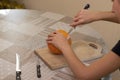 The process of making a Halloween pumpkin. horror theme and Hallowe`en Royalty Free Stock Photo