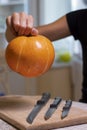 The process of making a Halloween pumpkin. horror theme and Hallowe`en Royalty Free Stock Photo