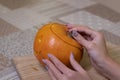 The process of making a Halloween pumpkin. horror theme and Hallowe`en Royalty Free Stock Photo
