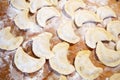 Process of making homemade dumplings, ravioli or pelmeni with vegetables filling. Ready for cooking raviolis on wooden board Royalty Free Stock Photo