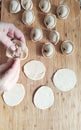 The process of making homemade dumplings. Raw homemade dumplings with meat on a wooden board with women hands Royalty Free Stock Photo