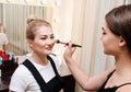 Process of making makeup. Make up artist applying eyeshadow to beautiful young woman Royalty Free Stock Photo