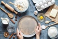 The process of making pie dough by hand. Baking ingredients for homemade. Bake sweet cake dessert concept. Top view Royalty Free Stock Photo