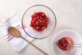 The process of making strawberry jam in the home kitchen, top view Royalty Free Stock Photo