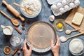 The process of making tart pie dough by hand. Baking cake in kitchen. Top view. Royalty Free Stock Photo