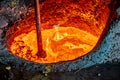 The process of melting non-ferrous metal in a ladle at a foundry Royalty Free Stock Photo