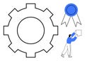 Process Optimization and Certification Concept with Gear, Award Ribbon, and Worker Royalty Free Stock Photo