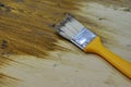 The process of painting wood surfaces with a brush. Royalty Free Stock Photo