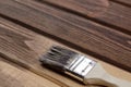 The process of painting wood surfaces with a brush. Unfinished p Royalty Free Stock Photo