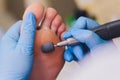 Process pedicure close-up, polishing feet, unrecognizable people. blurred face.