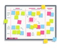Process planning board with color sticky notes. Scrum task whiteboard flat vector illustration