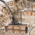 The process of pouring concrete into the formwork with rebar. Construction site, details Royalty Free Stock Photo