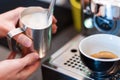 Barista making coffee at small cafe. Royalty Free Stock Photo