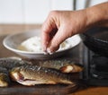 The process of preparing river fish crucian carp for frying in a pan.The hand of an elderly woman salting the fish Royalty Free Stock Photo