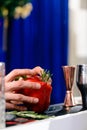 Process of preparing special bell-pepper cocktail in bell-pepper with rosemary