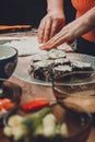 The process of preparing sushi from rice and additional ingredients at home Royalty Free Stock Photo