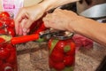 The process of preserving tomatoes for the winter. Women's hands close the lids of jars with ripe red juicy tomatoes with a