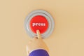 the process of pressing the red button. the finger presses the red button with the inscription Press. 3D render Royalty Free Stock Photo