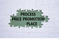 Process Price Promotion Place symbol. White puzzle with words Process Price Promotion Place. Beautiful grey green background.