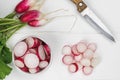 The process of processing a fresh radish crop Royalty Free Stock Photo