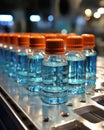 Process of producing cosmetics. Many glass bottles with yellow blue liquid standing near conveyor on factory. Row line Royalty Free Stock Photo