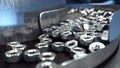 Process of production of nuts, screws. Industrial concept. Factory equipment and macine. Steel. Realistic 4k animation.